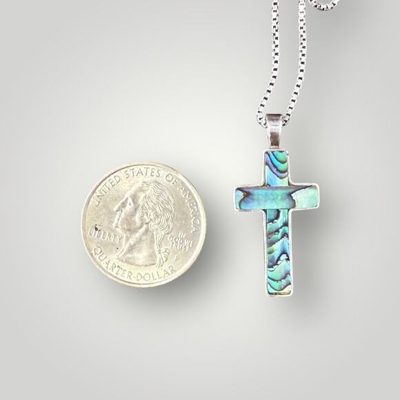 925 Sterling Silver Abalone Cross Pendant with Italian Chain Necklace 20 inch - Picture 6 of 6